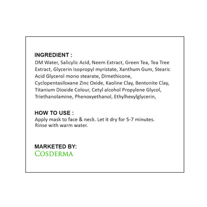 Cosderma Natural Clay Acne Face Mask - Green Tea & Tea Tree Formula | Purify & Detoxify