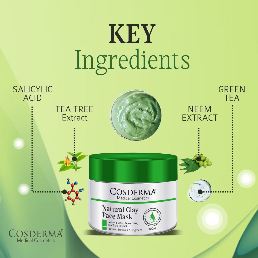 Cosderma Natural Clay Acne Face Mask - Green Tea & Tea Tree Formula | Purify & Detoxify