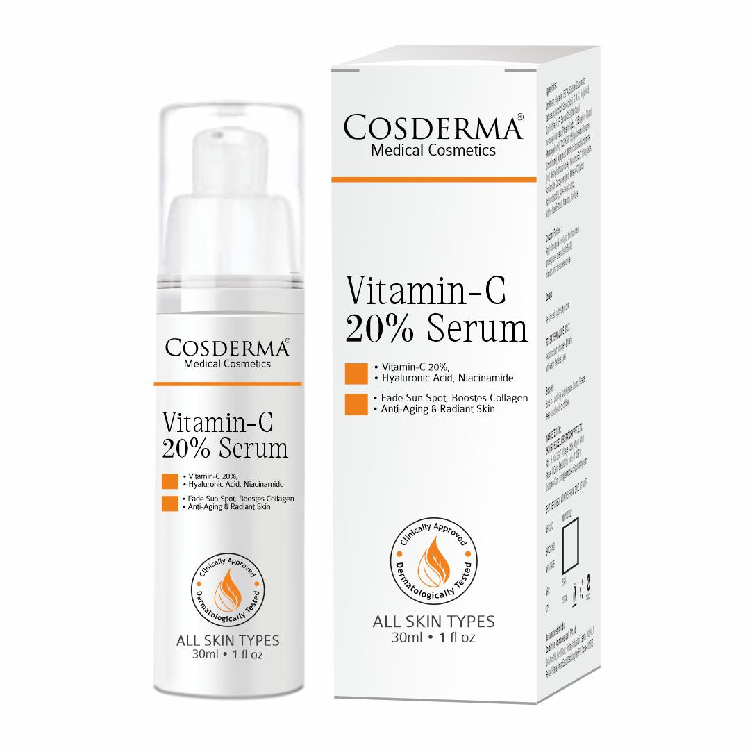 Cosderma Vitamin C 20% Serum with Hyaluronic Acid and Niacinamide - Brightening & Hydrating Skin Care