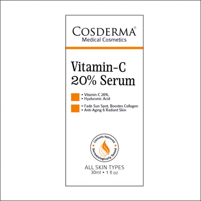 Cosderma Vitamin C 20% Serum with Hyaluronic Acid and Niacinamide - Brightening & Hydrating Skin Care