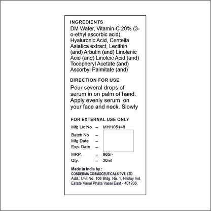 Cosderma Vitamin C 20% Serum with Hyaluronic Acid and Niacinamide - Brightening & Hydrating Skin Care