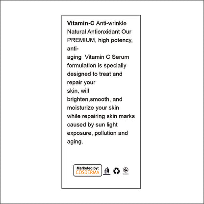 Cosderma Vitamin C 20% Serum with Hyaluronic Acid and Niacinamide - Brightening & Hydrating Skin Care