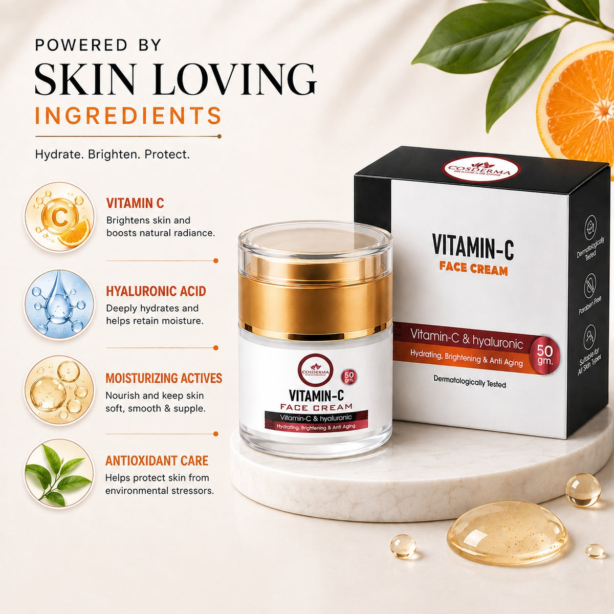 Cosderma Vitamin-C Face Cream | Brightening & Anti-Aging with Hyaluronic Acid