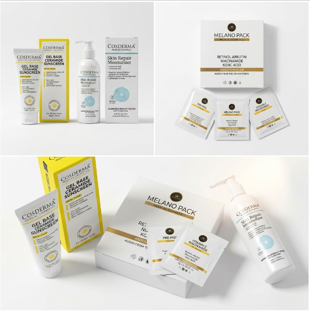 A collage showing Conderma skincare products and packaging, including a Gel Base Cleanser Sunscreen tube, a Skin Repair Moisturizer pump bottle, a Melano Pack box, and several sachets on a clean white background.