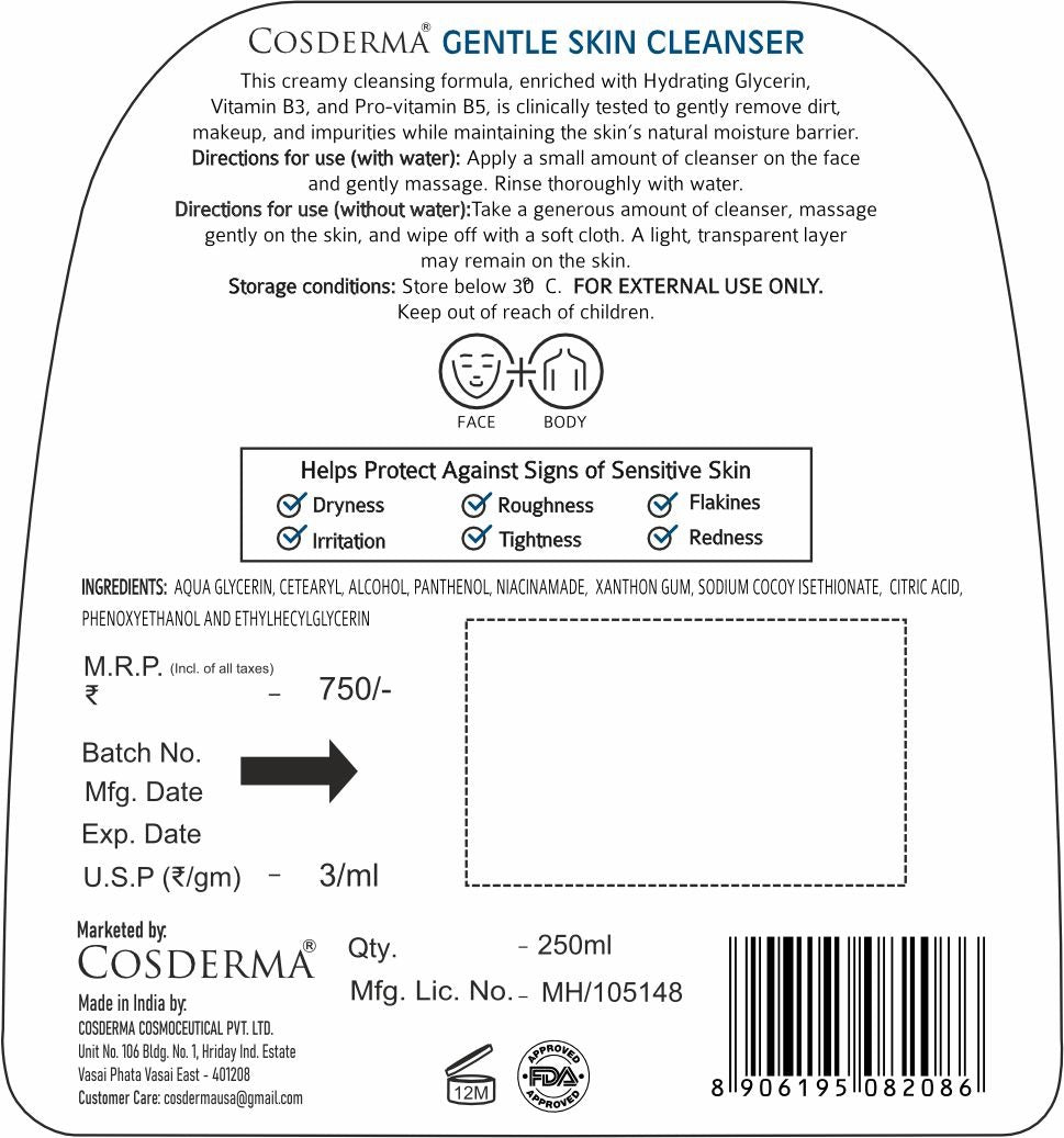 Cosderma Gentle Skin Cleanser label with product details and usage instructions.