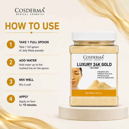 Cosderma Luxury 24K Gold Jelly Mask powder jar shown on a beige promotional graphic with a 'How to Use' instruction panel. The product jar is labeled 'Luxury 24K Gold' and contains pale gold powder.