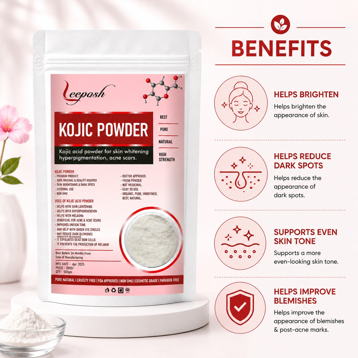 Leeposh Kojic Acid Powder – For Skin Whitening, Pigmentation & Acne Scars