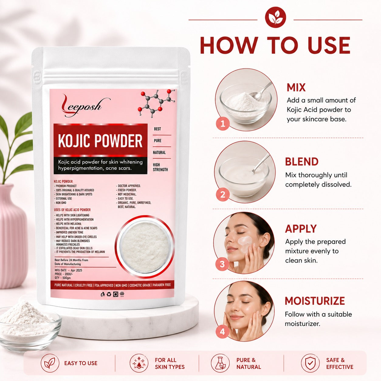 Leeposh Kojic Acid Powder – For Skin Whitening, Pigmentation & Acne Scars