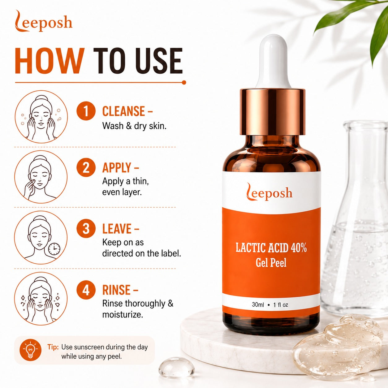 Leeposh Lactic Acid 40% Gel Peel for Melasma, Deep Pigmentation, Blemishes & Glowing Skin