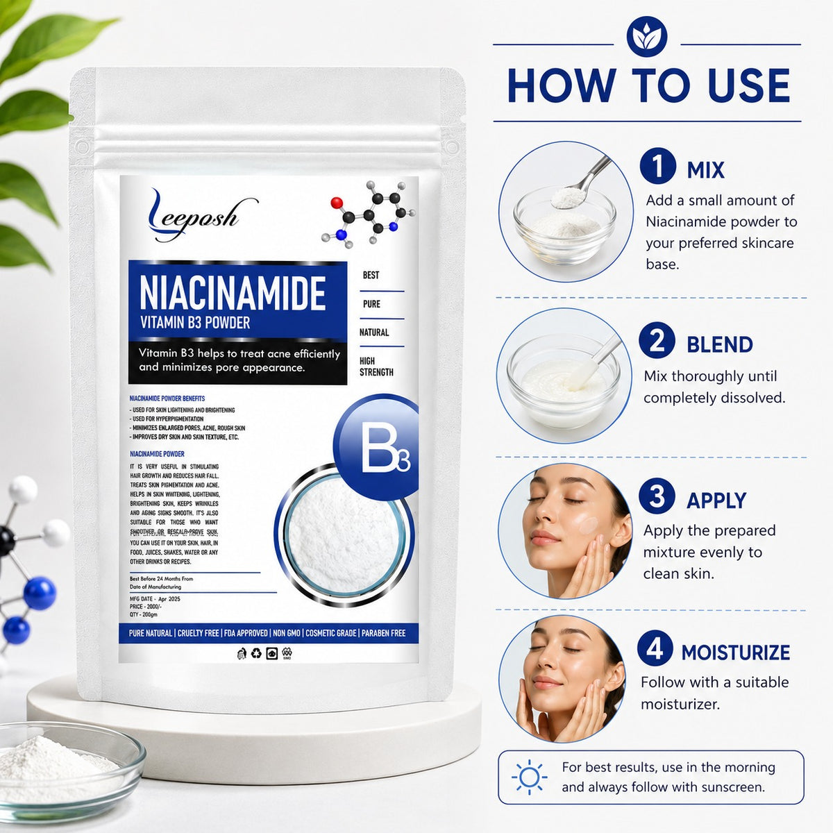 Leeposh Niacinamide Powder – Vitamin B3 for Skin Brightening, Acne & Pore Care