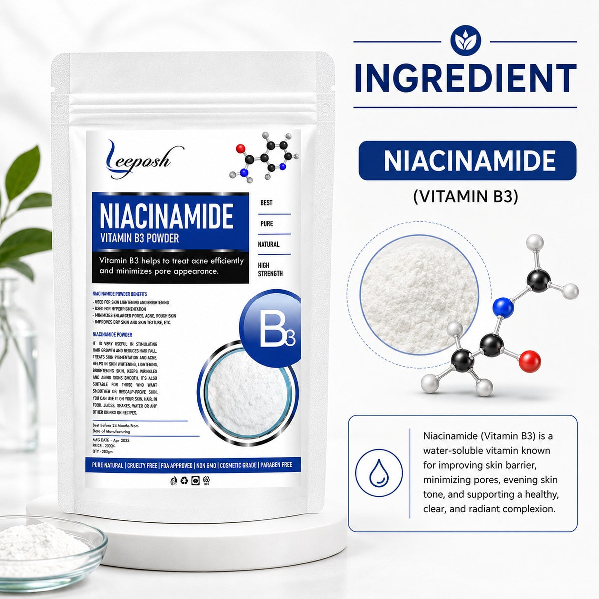 Leeposh Niacinamide Powder – Vitamin B3 for Skin Brightening, Acne & Pore Care