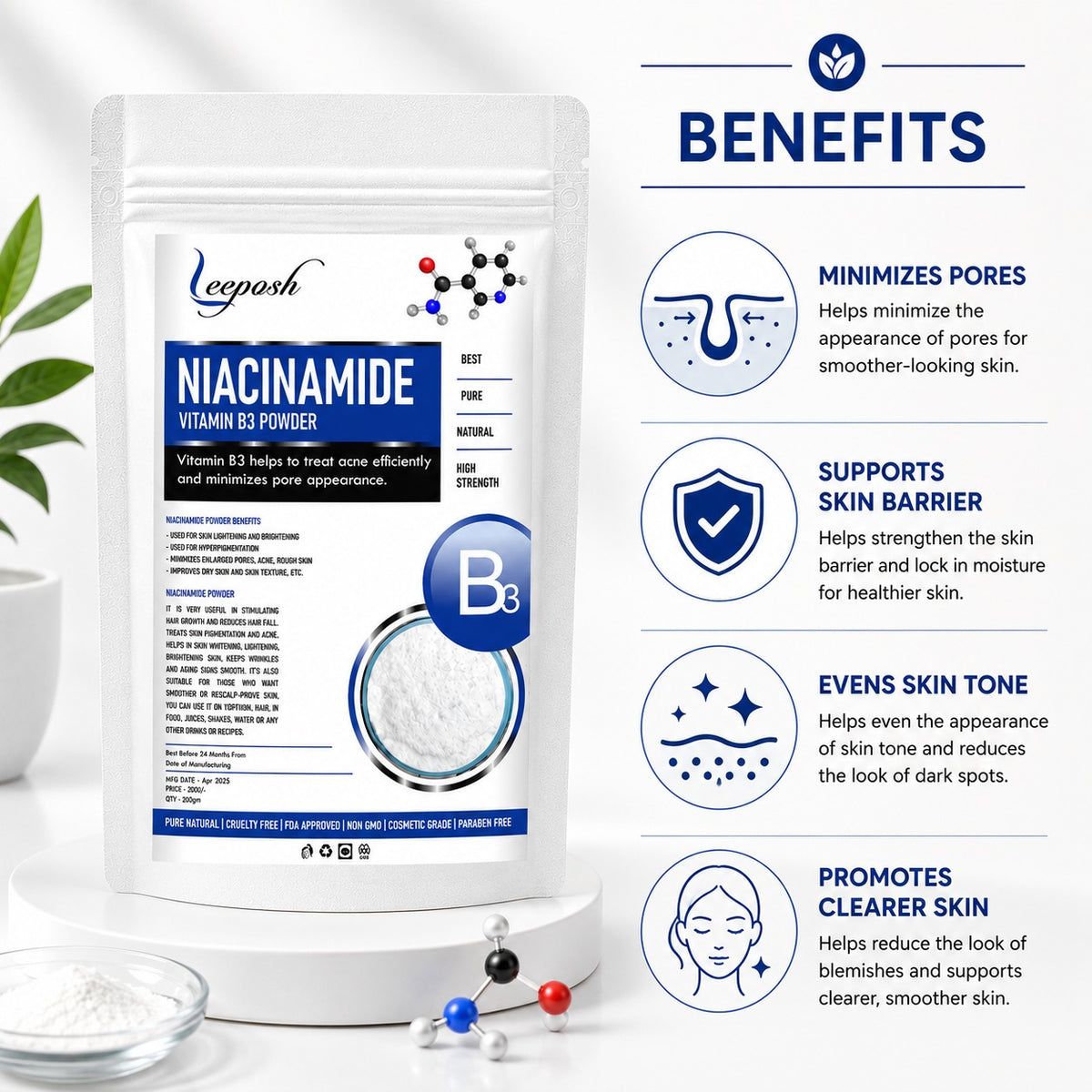 Leeposh Niacinamide Powder – Vitamin B3 for Skin Brightening, Acne & Pore Care