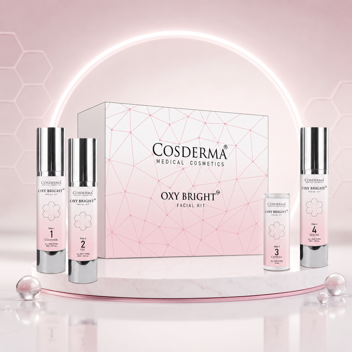 Cosderma Oxy Bright Facial Kit for Brightening – 4 Step Professional & Home Care Facial (10 Sessions)