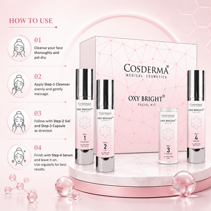 Cosderma Oxy Bright Facial Kit for Brightening – 4 Step Professional & Home Care Facial (10 Sessions)