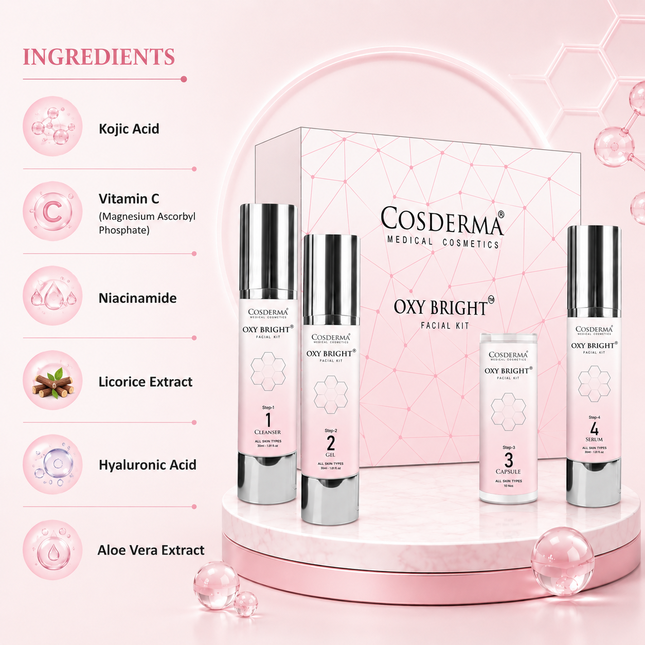 Cosderma Oxy Bright Facial Kit for Brightening – 4 Step Professional & Home Care Facial (10 Sessions)
