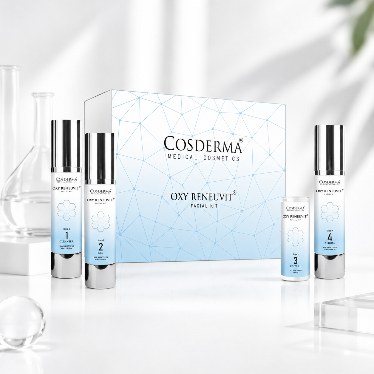 Cosderma Oxy Reneuvit Facial Kit for Anti-Aging & Skin Renewal – 4 Step Professional & Home Care Facial (10 Sessions)