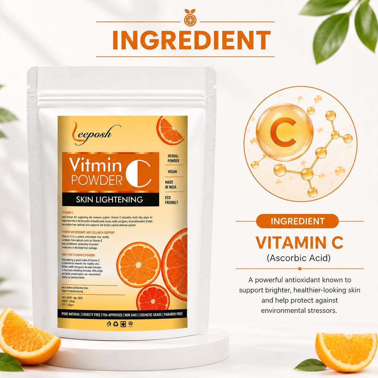 Leeposh Vitamin C Powder – Herbal Skin Lightening & Brightening Agent