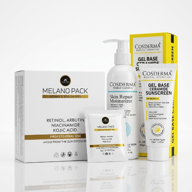 A skincare product set from Cosderma and Melano Pack, including a box of Retinol, an Arbinamide Kojic Acid serum, a Skin Repair Moisturizer pump bottle, a Sunscreen tube, and a small jar, arranged on a reflective white surface against a white background.