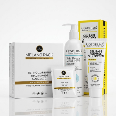 A skincare product set from Cosderma and Melano Pack, including a box of Retinol, an Arbinamide Kojic Acid serum, a Skin Repair Moisturizer pump bottle, a Sunscreen tube, and a small jar, arranged on a reflective white surface against a white background.