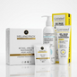 A skincare product set from Cosderma and Melano Pack, including a box of Retinol, an Arbinamide Kojic Acid serum, a Skin Repair Moisturizer pump bottle, a Sunscreen tube, and a small jar, arranged on a reflective white surface against a white background.