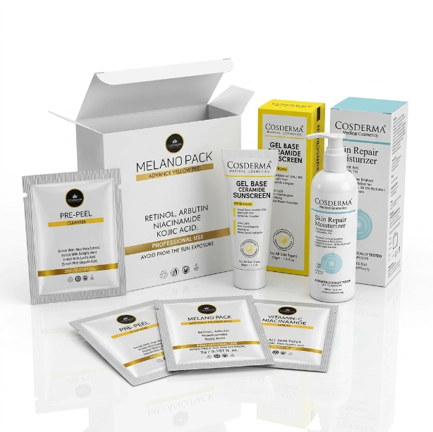 A skincare product set from Cosderma and Melano Pack, including various bottles, tubes, and sachets arranged in front of their retail boxes on a reflective white surface.